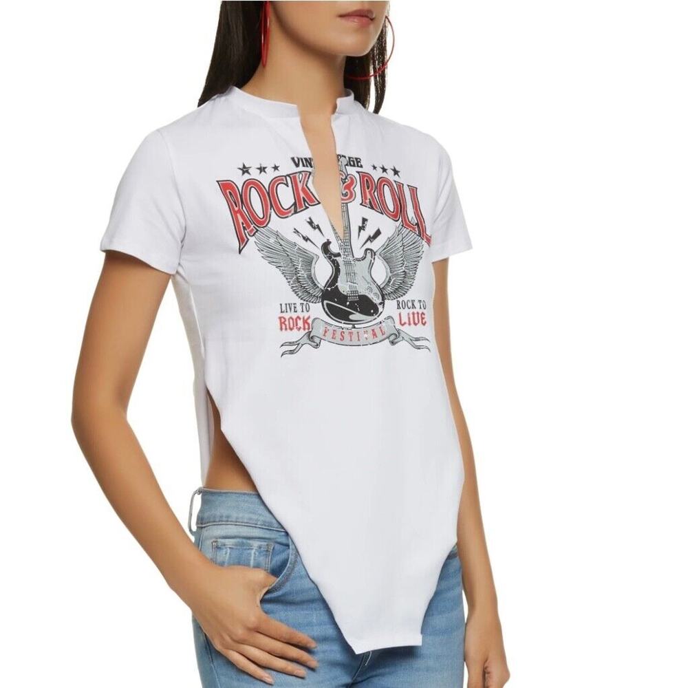 New Rock and Roll Hanky Hem Graphic Tee Shirt Women’s White Side Slits SIZE S